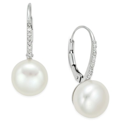 Cultured Freshwater Pearl (10mm) and Diamond (1/10 ct. ) Leverback Earrings in Sterling Silver or 18k Gold over Sterling Silver