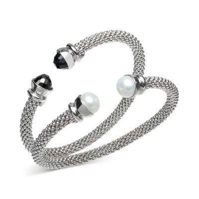 2-Pc. Set Cultured Freshwater Pearl (8 1/4 - 8 1/2mm) & Onyx Popcorn Cuff Bangle Bracelets in Sterling Silver