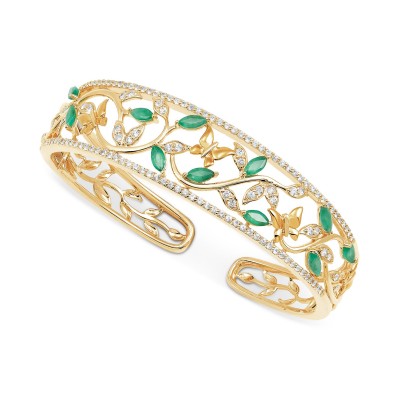 Emerald (1-7/8 ct. ) & White Topaz (1-5/8 ct. ) Openwork Cuff Bangle Bracelet in 14K Gold-Plated Sterling Silver