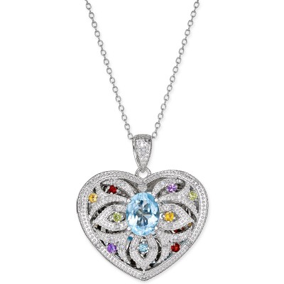 Blue Topaz & Gemstone (2 ct. ) & Diamond (1/10 ct. ) Heart Locket Pendant Necklace in Sterling Silver