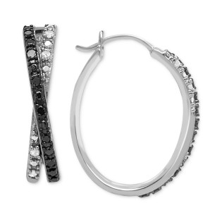 Black Diamond (1/10 ct. ) & White Diamond (1/20 ct. ) Crossover Hoop Earrings in Sterling Silver