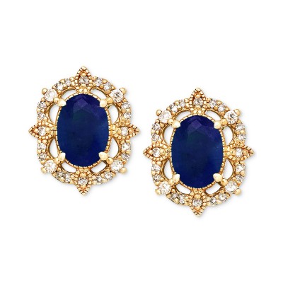 Sapphire (1-1/3 ct. ) & Diamond (1/8 ct. ) Stud Earrings in 14k Yellow Gold (Also Available in Ruby & Emerald)