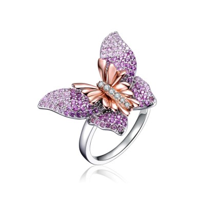 Elegant Sterling Silver & Rose Gold-Plated Multicolor Cubic Zirconia Butterfly Ring