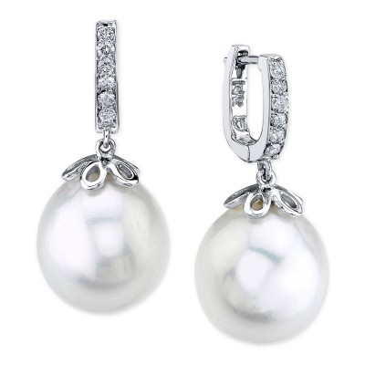 Cultured Freshwater Pearl (10mm) & Diamond (1/10 ct. ) Drop Earrings in 14k White Gold