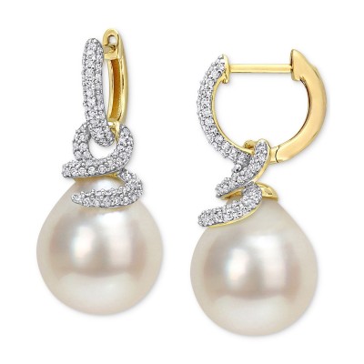 Cultured South Sea Pearl (10mm) & Diamond (1/2 ct. ) Swirl Huggie Hoop Earrings in 14k Gold