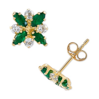 Emerald (3/4 ct. ) & White Topaz (1/3 ct. ) Flower Stud Earrings in 10k Gold