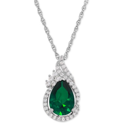 Lab-Created Emerald (1-3/4 ct. ) and White Sapphire (1/4 ct. ) Teardrop Pendant Necklace in Sterling Silver